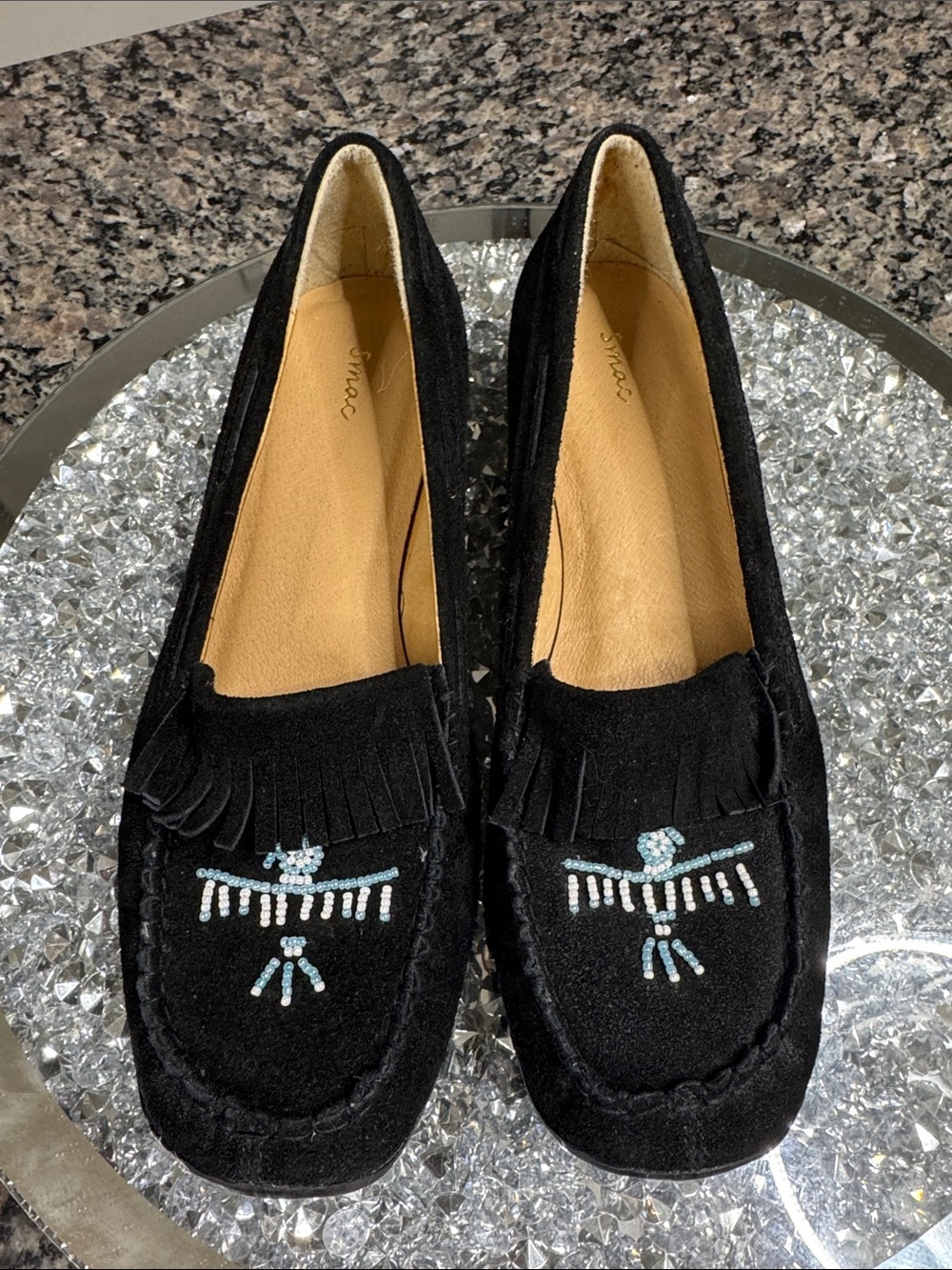 Smac Black Beaded Fringe Moccasin Loafers with kitten heel EUC 8.5